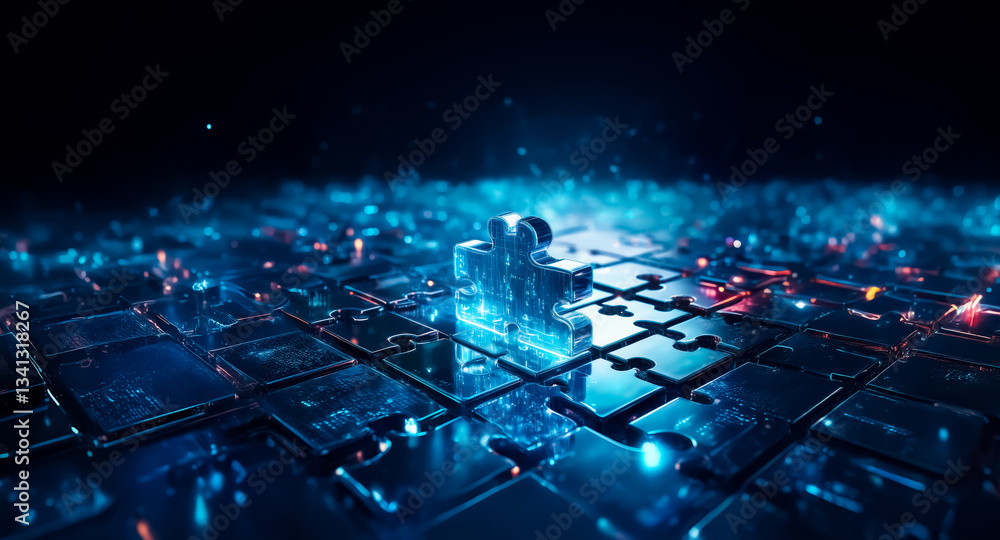 Naklejka premium Illuminated puzzle piece stands out on a futuristic grid. Blue and red lights highlight interconnected pieces, suggesting a technological or abstract concept in a dark environment.