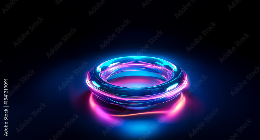Naklejka premium A luminous ring object glows with vibrant neon blue and pink lights against a dark background, creating a modern abstract and futuristic feel.