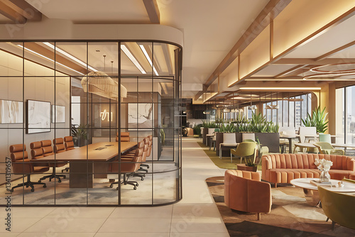 Modern office meeting room table and chairs Modern Meeting Room Modern Empty Meeting Room with Big Conference Table with Various Documents and Laptops on it