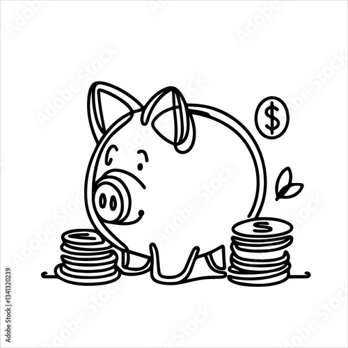 Piggy bank in continuous line art drawing style. Pig moneybox black linear sketch isolated on white background