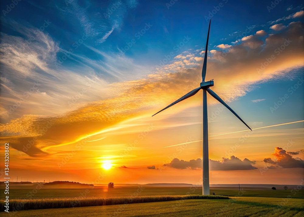 Obraz premium Minimalist sunset captures wind turbine's majestic silhouette, symbolizing clean, renewable energy.