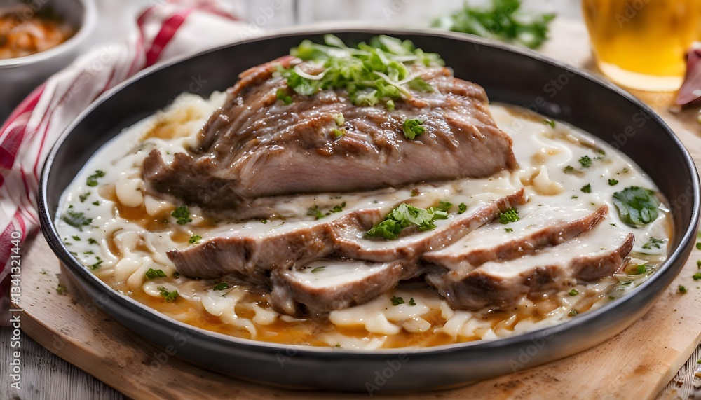 Pork shoulder in honey parmesan and soy souse, prepared in slow cooker or crockpot, on a wooden board, horizontal Pork shoulder in honey parmesan and soy souse, prepared in slow cooker or crockpot, on a wooden board, horizontal