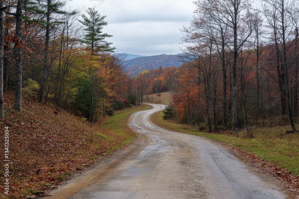 Obraz premium Winding dirt road through autumn forest in the appalachian mountains