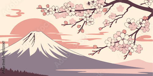 Mount Fuji rises majestically against a pastel sky, framed by a traditional torii gate in a tranquil landscape during twilight hours