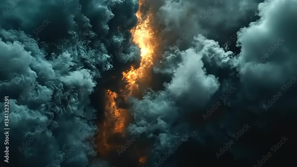 Dramatic fiery light cutting through dark stormy clouds, creating a surreal atmospheric scene Dramatic fiery light cutting through dark stormy clouds, creating a surreal atmospheric scene