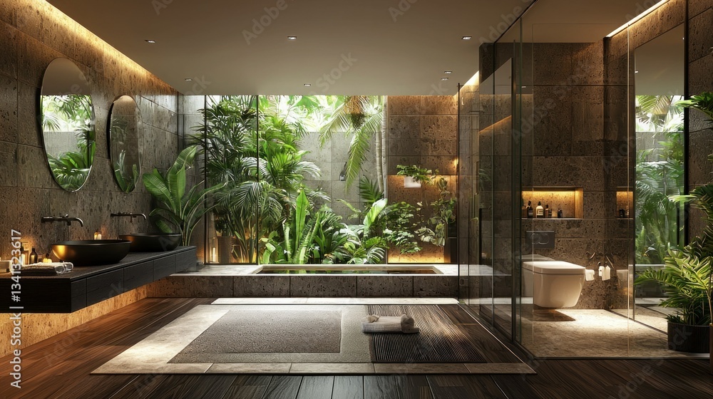 Fototapeta premium Modern Tropical Bathroom with Lush Garden View