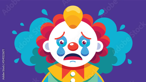 Vector illustration of a sad clown with colorful hair, wearing a party hat, expressing sorrow against a night sky background with clouds and raindrops