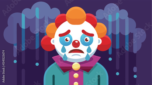 Vector illustration of a sad clown with colorful hair, wearing a party hat, expressing sorrow against a night sky background with clouds and raindrops