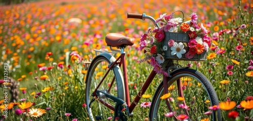A vintage bicycle adorned with vibrant blooms rests in a sun-drenched wildflower meadow, sunny, wheel