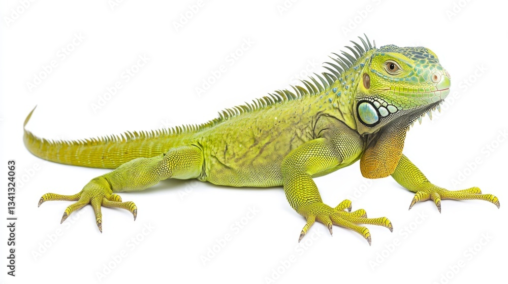 Fototapeta premium Vibrant Green Iguana with Textured Scales on White Background