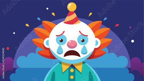 Vector illustration of a sad clown with colorful hair, wearing a party hat, expressing sorrow against a night sky background with clouds and raindrops