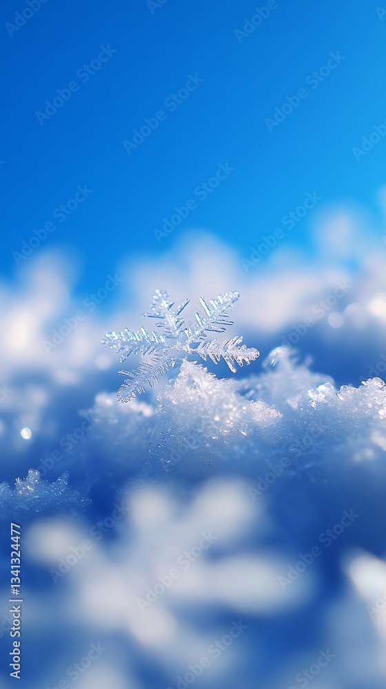 Macro snowflake in snow on blue sky background Macro snowflake in snow on blue sky background