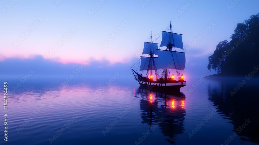 Fototapeta premium Ghostly Ship Sailing Through Misty Sunset Waters