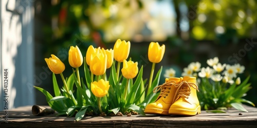 Tiny yellow boots nestled amongst vibrant spring tulips and daisies on a weathered wooden surface