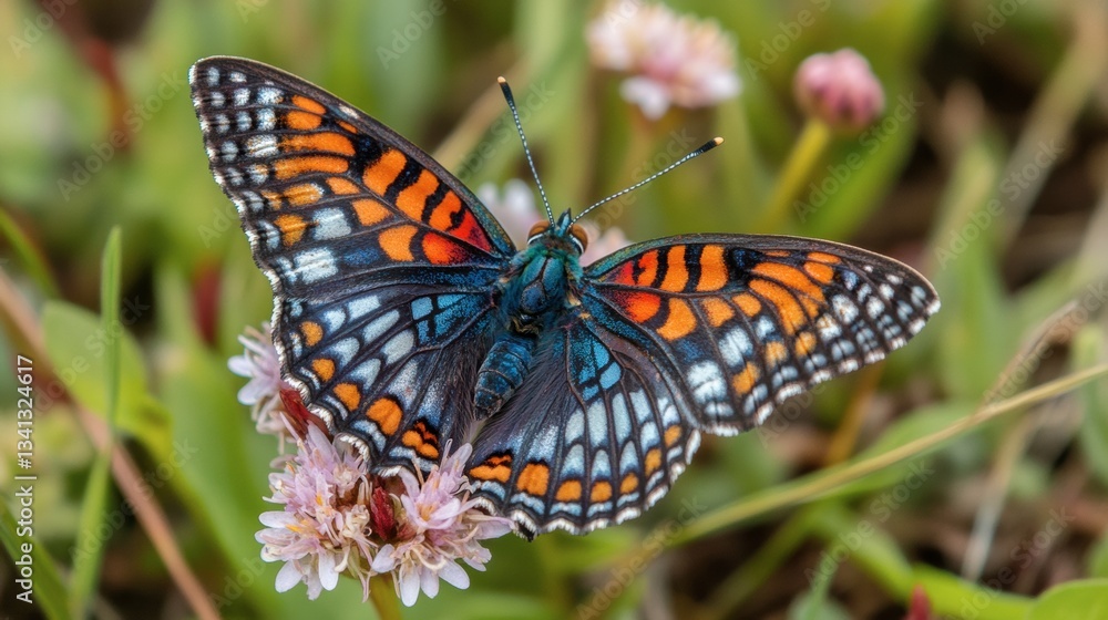 Fototapeta premium A colorful butterfly resting on a blooming flower in a sunlit meadow