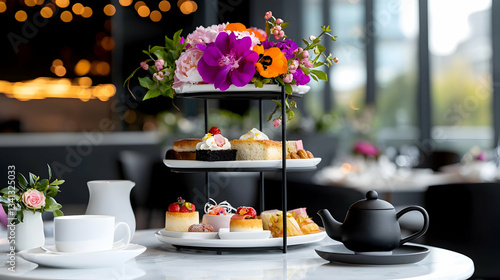 Elegant Afternoon Tea Setup with Delicate Pastries and Floral Decor