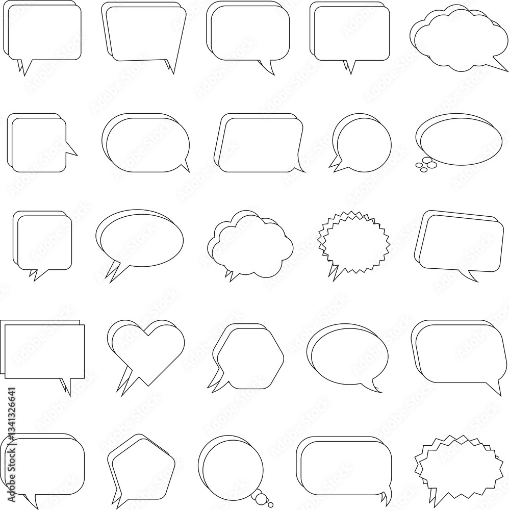 Set of blank white speech bubble in flat design, chatting box, message box icon. Balloon doodle style of thinking sign symbol. Speech bubble isolated on background Set of blank white speech bubble in flat design, chatting box, message box icon. Balloon doodle style of thinking sign symbol. Speech bubble isolated on background