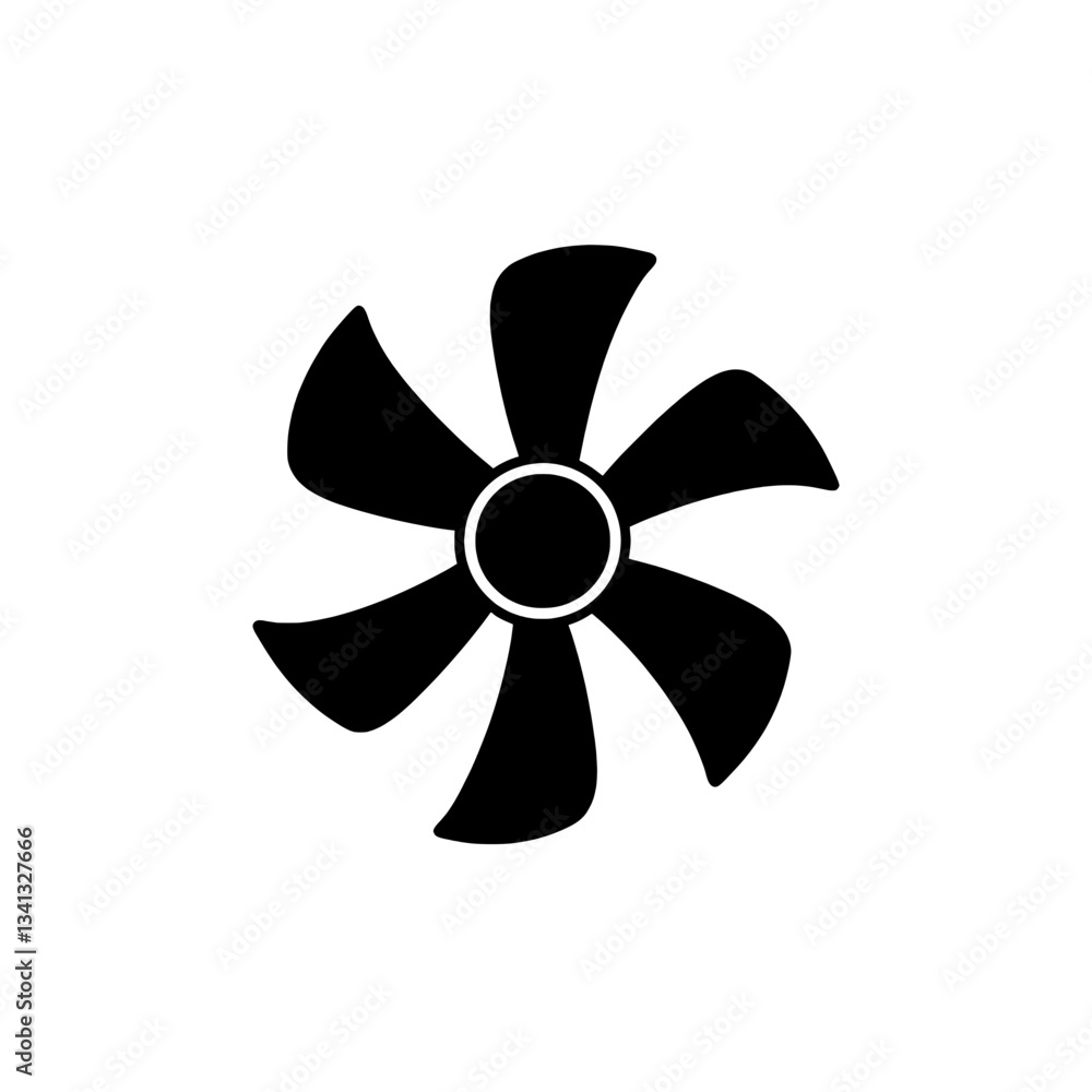 Simple black and white vector illustration of a five-blade propeller fan, symbolizing mechanical airflow, industrial cooling, and ventilation systems. Simple black and white vector illustration of a five-blade propeller fan, symbolizing mechanical airflow, industrial cooling, and ventilation systems.
