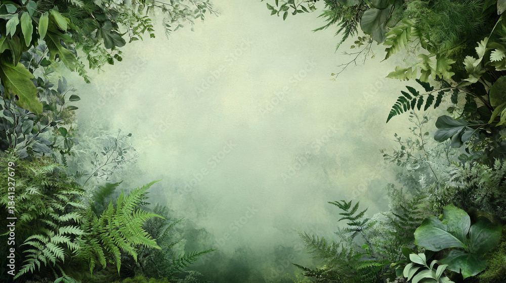 Fototapeta premium Lush green foliage and ferns frame misty forest background, evoking serene and enchanted atmosphere.