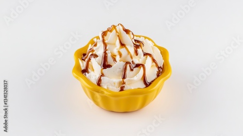 Whipped Cream with Caramel Drizzle in a Yellow Bowl - A Sweet Treat