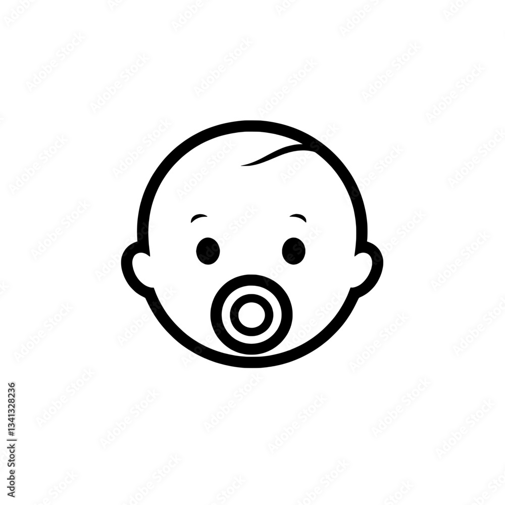 Simple black and white vector illustration of a baby face with a pacifier, symbolizing infancy, parenting, and childcare. Simple black and white vector illustration of a baby face with a pacifier, symbolizing infancy, parenting, and childcare.