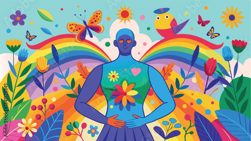 Colorful vector illustration of a blue silhouette surrounded by vibrant flowers and butterflies, depicting harmony with nature and transformation in a bright, whimsical setting
