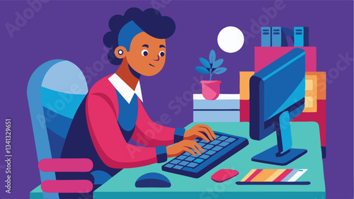 Creative individual working at a desk using a computer while surrounded by elements of digital design in a modern workspace