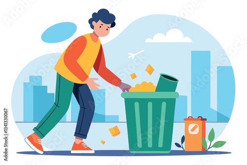 Youth engages in community cleanup effort by disposing of litter while promoting environmental awareness in an urban setting on a sunny day