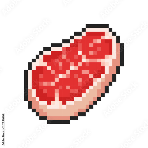 Pixel raw beef steak isolated on transparent background. Pixelated badge, game asset or computer arcade item. Red meat icon. Vector pixel art illustration in 16 bit old style.