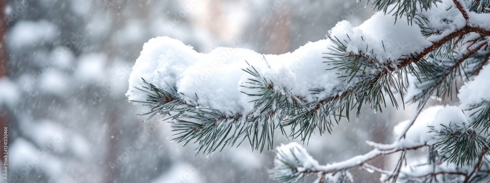 Snow-covered pine branches gently swaying under the weight of fresh snow in a serene winter landscape Snow-covered pine branches gently swaying under the weight of fresh snow in a serene winter landscape