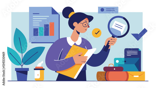 Illustration of a woman examining documents with a magnifying glass in a modern office setting surrounded by plants and organized materials