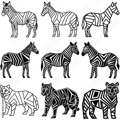 Geometric abstract animals Black animals on white background Trendy mono line vector design
