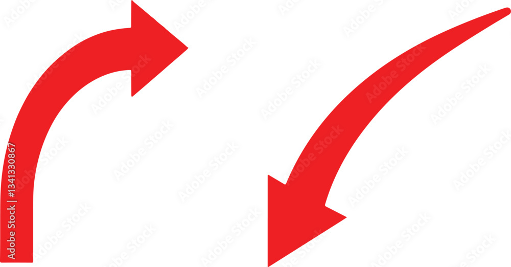 A simple, red, curved arrow pointing to the right and down on a white background. Direction symbol. Arrow symbol for app, UI, web. Vector illustration.. A simple, red, curved arrow pointing to the right and down on a white background. Direction symbol. Arrow symbol for app, UI, web. Vector illustration..