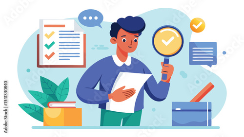 Illustration of a woman examining documents with a magnifying glass in a modern office setting surrounded by plants and organized materials