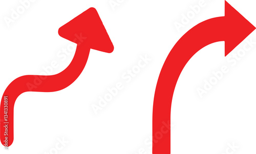 A simple, red, curved arrow pointing to the right and down on a white background. Direction symbol. Arrow symbol for app, UI, web. Vector illustration..