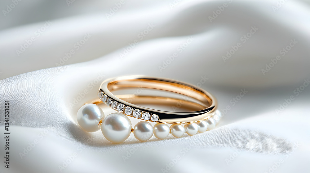 Elegant Pearl And Gold Rings On White Fabric Elegant Pearl And Gold Rings On White Fabric