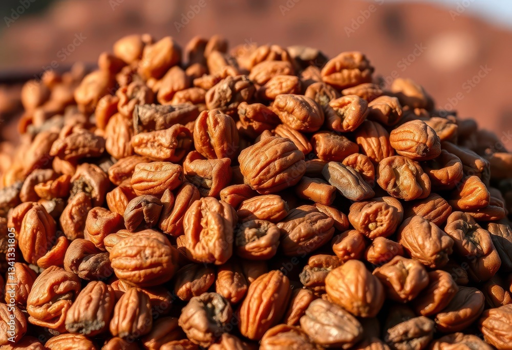 Naklejka premium Close-up of a mountain of dried dates, rich brown hues, intricate textures, mineral, harvest