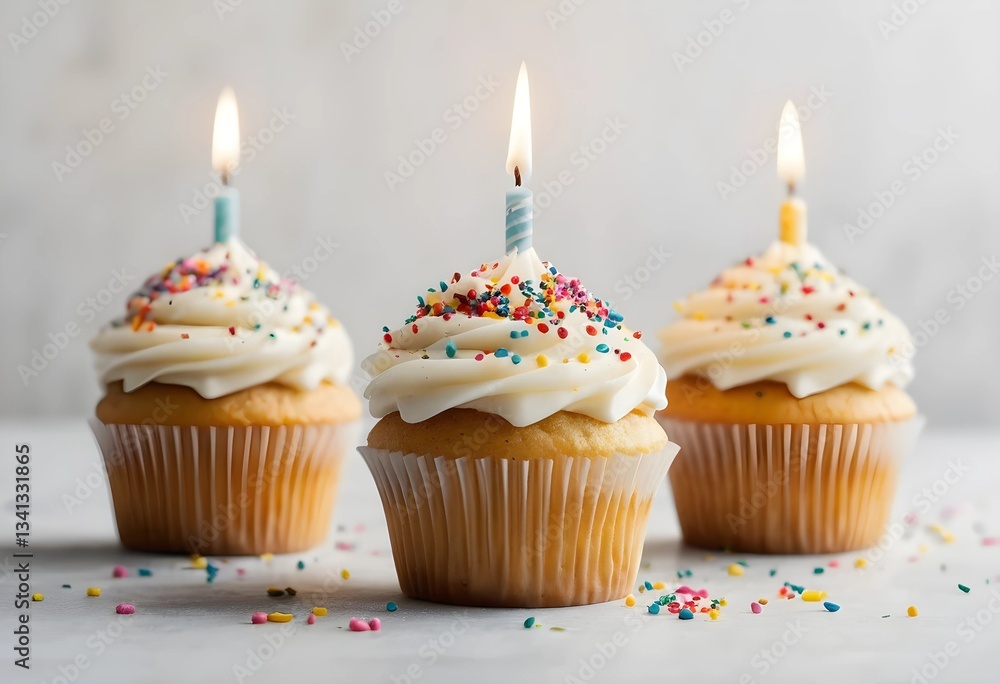 Festive Birthday Cupcakes with Sprinkles and Candles on a bright background ideal for celebratory designs and confectionery themed decorations, perfect for joyful events Festive Birthday Cupcakes with Sprinkles and Candles on a bright background ideal for celebratory designs and confectionery themed decorations, perfect for joyful events
