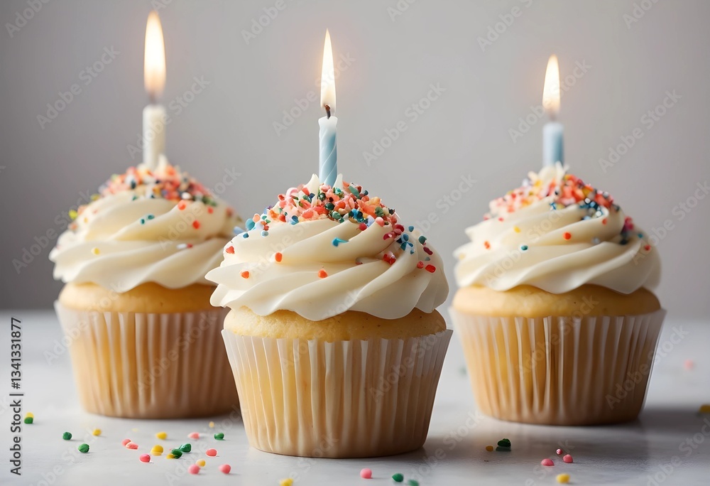 Festive Birthday Cupcakes with Vanilla Frosting, Multicolored Sprinkles, and Lit Candles for a Celebratory Sweet Treat Occasion Festive Birthday Cupcakes with Vanilla Frosting, Multicolored Sprinkles, and Lit Candles for a Celebratory Sweet Treat Occasion