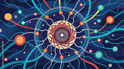 Colorful abstract vector illustration depicting interconnected lines and nodes, representing a network or neural connection in a dynamic digital environment