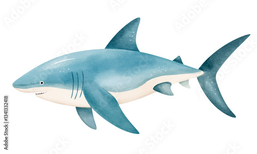 Cute watercolor shark. Hand drawn underwater character. Marine animals. Inhabitant of the ocean