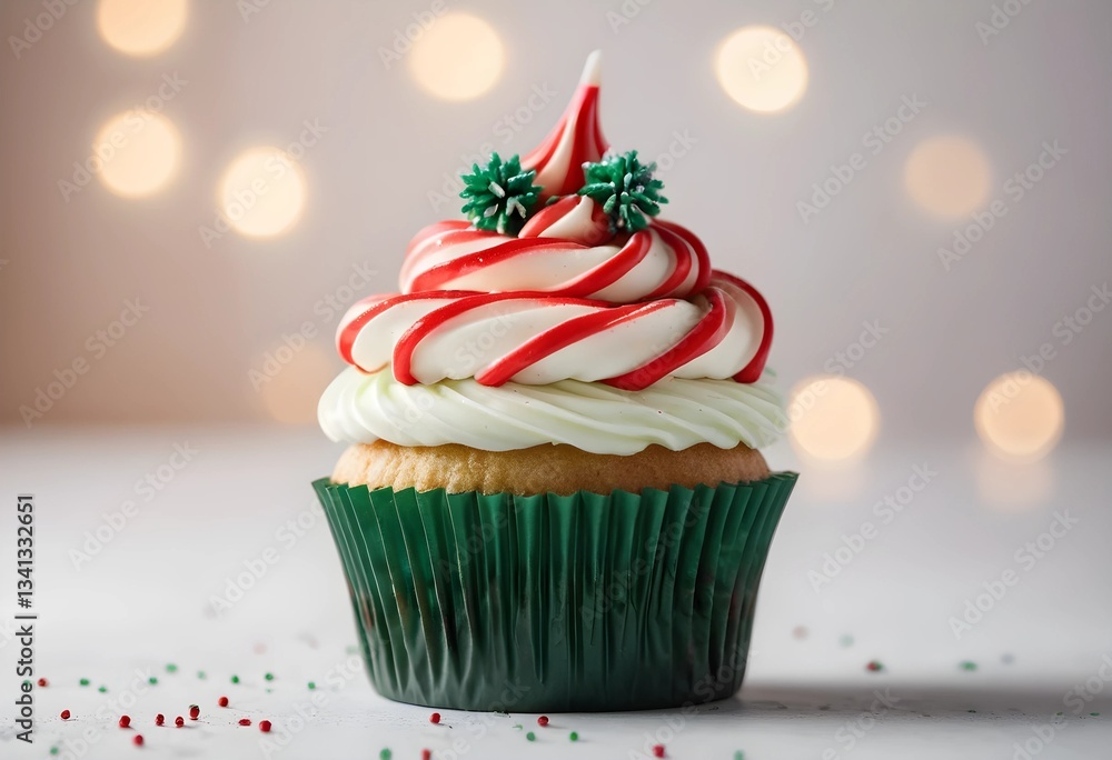 Delightful Christmas Cupcake with Red and White Striped Frosting and Festive Green Decorations Set Against a Bokeh Background Delightful Christmas Cupcake with Red and White Striped Frosting and Festive Green Decorations Set Against a Bokeh Background