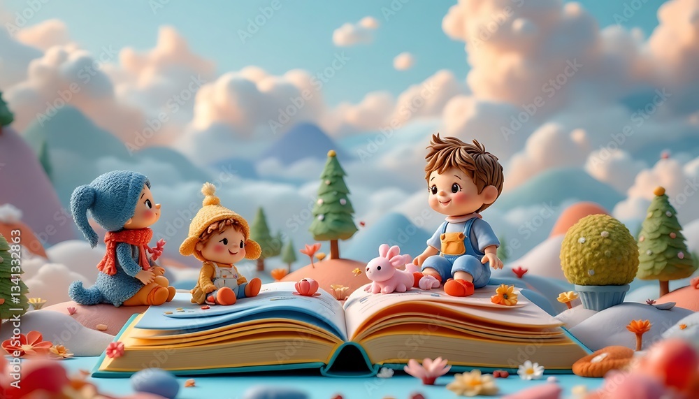 Cute Cartoon Figures Reading Book in Dreamy Landscape Illustration Cute Cartoon Figures Reading Book in Dreamy Landscape Illustration