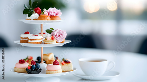 Elegant Three-Tiered Afternoon Tea Set with Pastries and Flowers