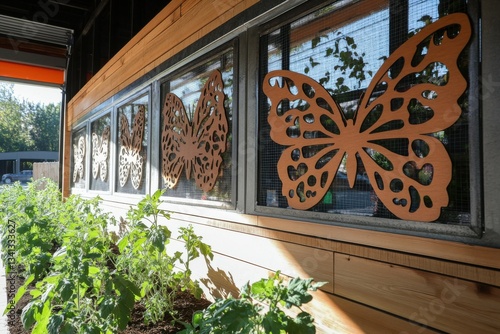 Wooden butterfly decor on building facade with sunlit greenery