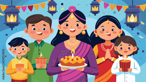 Celebration of lights with families gathered around traditional sweets and candles during a festive occasion at night