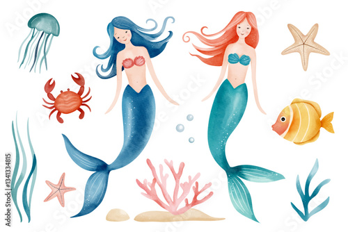 Watercolor fairytale sea characters. Cute mermaids, fish, crab. Water inhabitants. Hand drawn underwater sea life