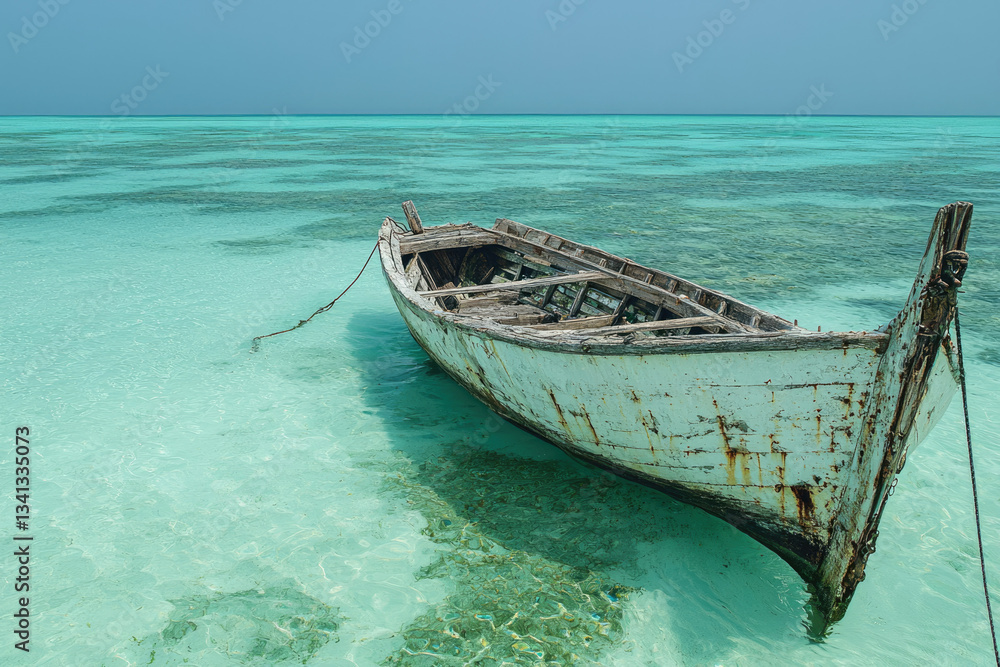 Obraz premium An old, weathered wooden boat rests peacefully in clear, turquoise shallows of a tropical ocean.