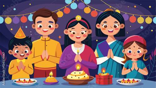 Celebration of lights with families gathered around traditional sweets and candles during a festive occasion at night