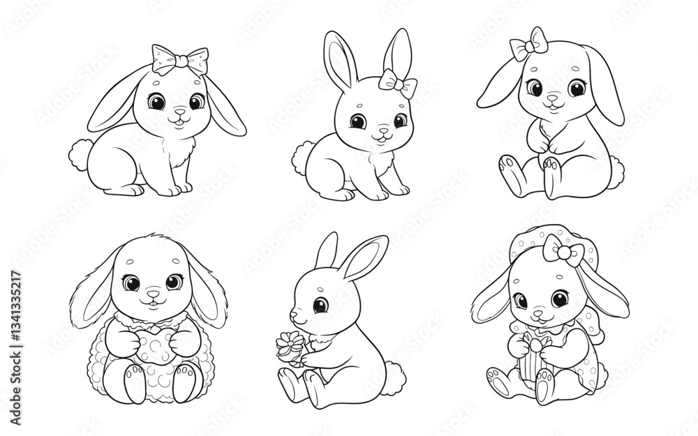 Collection of adorable cartoon bunny rabbits with bows, perfect for coloring pages Collection of adorable cartoon bunny rabbits with bows, perfect for coloring pages